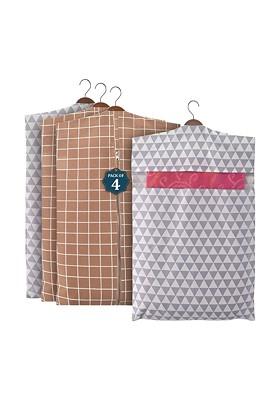 Brown And Grey 4 Pieces Checked Cotton Hanging Saree Storage Covers Organisers