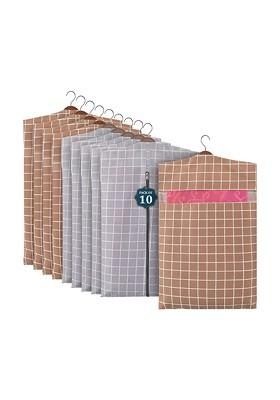 Grey And Brown 10 Pieces Checked Cotton Hanging Saree Storage Covers Organisers