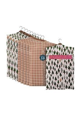 Brown And Green 10 Pieces Printed Cotton Hanging Saree Storage Covers Organisers
