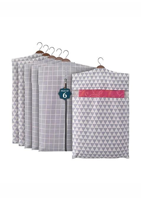 Grey And White 6 Pieces Checked Cotton Hanging Saree Covers Organisers