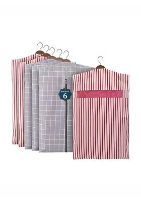 Grey Set Of 6 Checked Cotton Hanging Saree Storage Covers