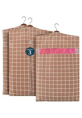 Brown And White 3 Pieces Checked Cotton Hanging Saree Covers Organisers