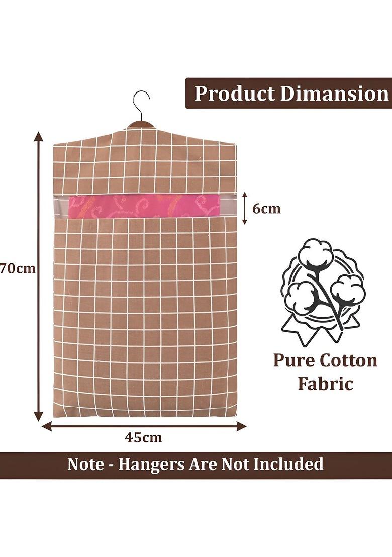 Brown And White 3 Pieces Checked Cotton Hanging Saree Covers Organisers