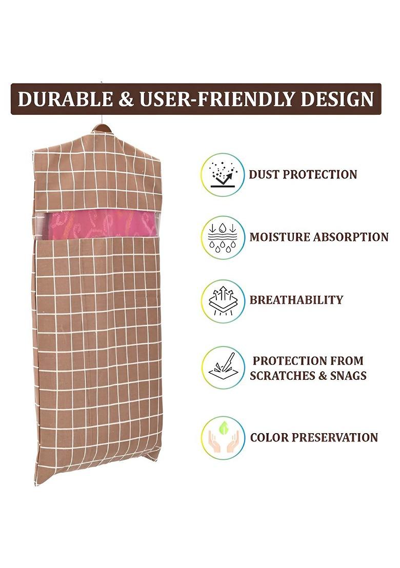 Brown And White 3 Pieces Checked Cotton Hanging Saree Covers Organisers