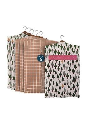 Brown And Green 6 Pieces Printed Cotton Hanging Saree Storage Covers Organisers