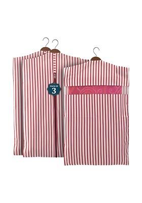 Maroon And White 3 Pieces Striped Cotton Hanging Saree Storage Covers Organisers