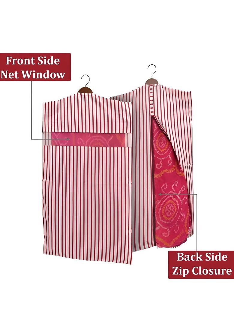 Maroon And White 3 Pieces Striped Cotton Hanging Saree Storage Covers Organisers