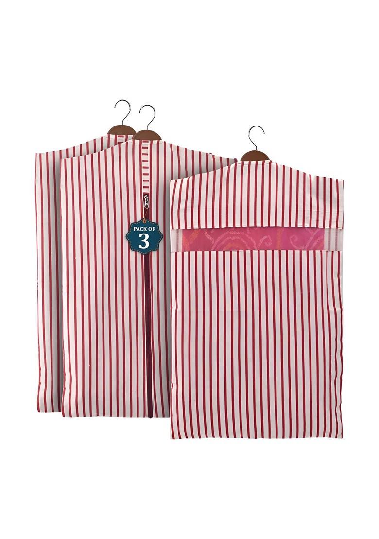 Maroon And White 3 Pieces Striped Cotton Hanging Saree Storage Covers Organisers