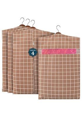 Brown And White 4 Pieces Checked Cotton Hanging Saree Storage Covers Organisers
