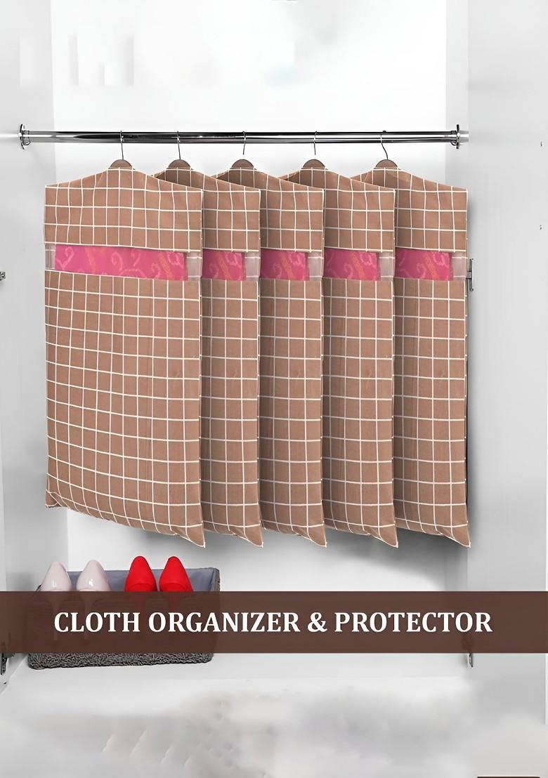 Brown And White 4 Pieces Checked Cotton Hanging Saree Storage Covers Organisers