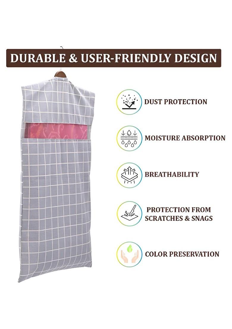 Grey And White 3 Pieces Checked Cotton Hanging Saree Storage Covers Organisers