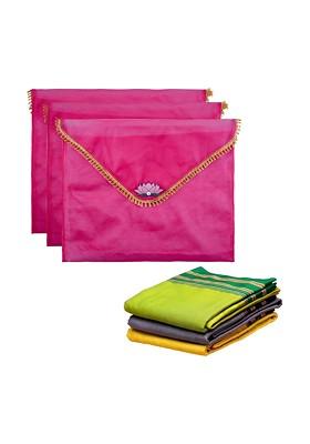 Pink And Gold Toned 3 Pieces Organza Saree Covers Organisers