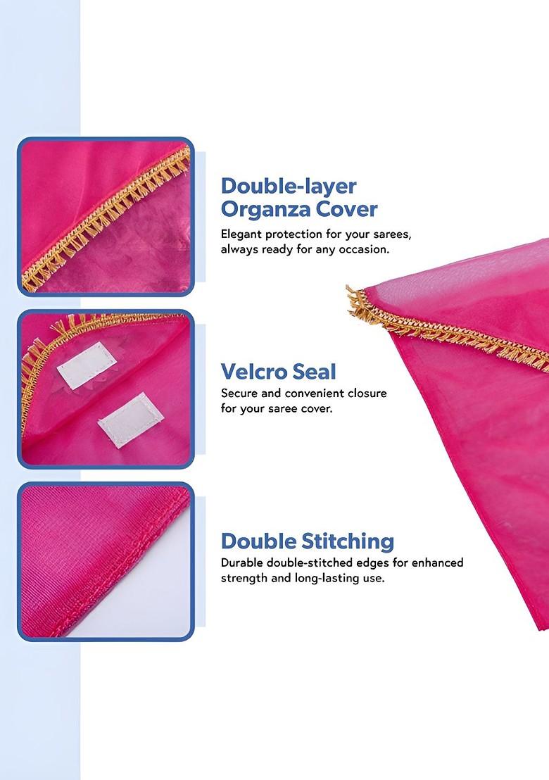 Pink And Gold Toned 3 Pieces Organza Saree Covers Organisers