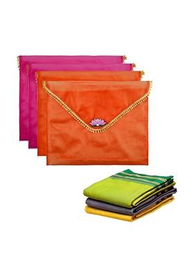Orange Colored And Pink 4 Pieces Organza Saree Covers With Flap Closure