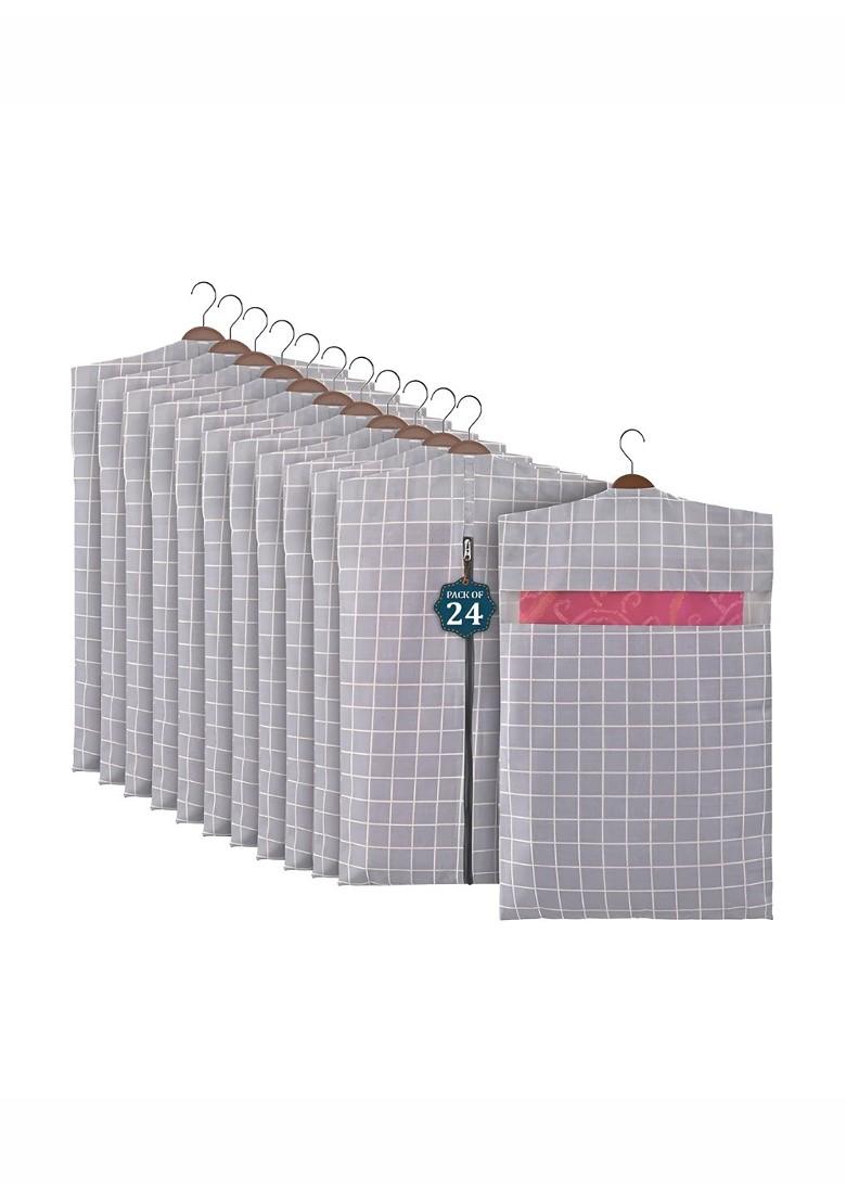 24 Pieces Grey And White Cotton Hanging Saree Covers For Storage