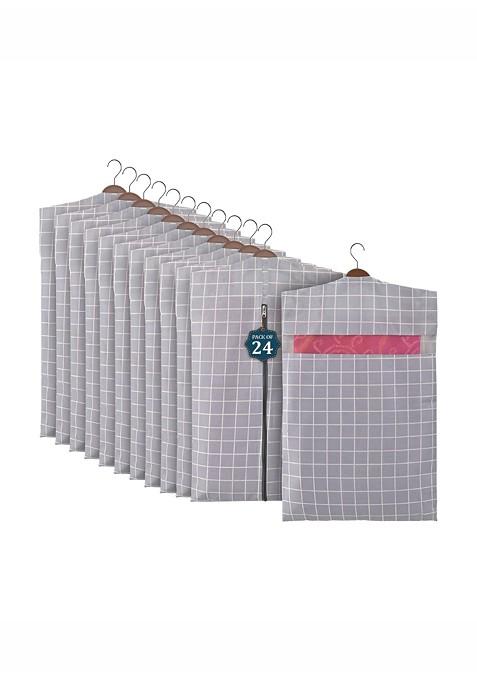 24 Pieces Grey And White Cotton Hanging Saree Covers For Storage