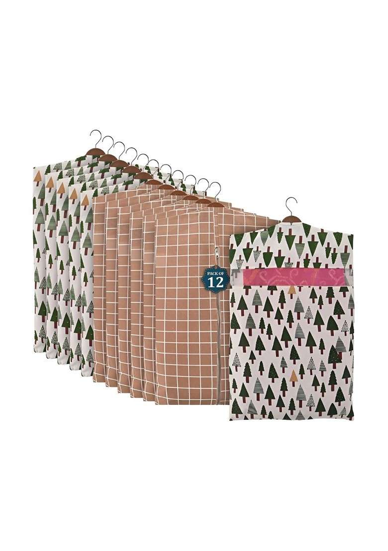 Brown Set Of 12 Mesh Cotton Hanging Saree Storage Covers - Indya
