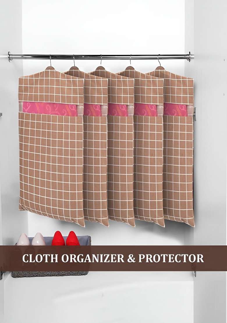 Brown Set Of 12 Mesh Cotton Hanging Saree Storage Covers - Indya