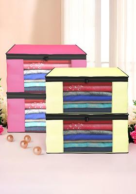 Cream Coloured And Pink 4 Pieces Foldable Saree Cover Organisers