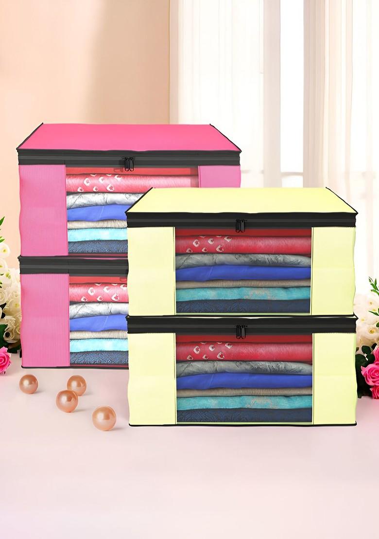 Cream Coloured And Pink 4 Pieces Foldable Saree Cover Organisers