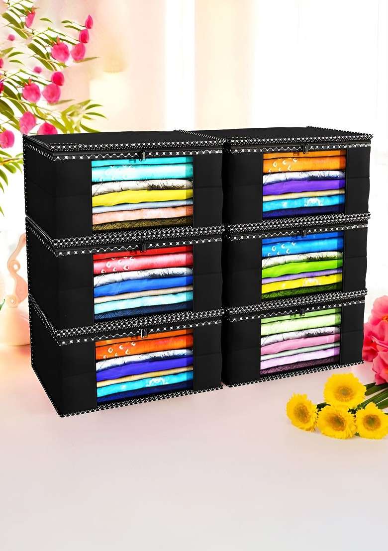 Black Set Of 6 Non Woven Saree Cover 9 Inch Clothes Bag - Indya