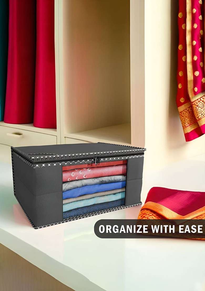 Black Set Of 6 Non Woven Saree Cover 9 Inch Clothes Bag - Indya