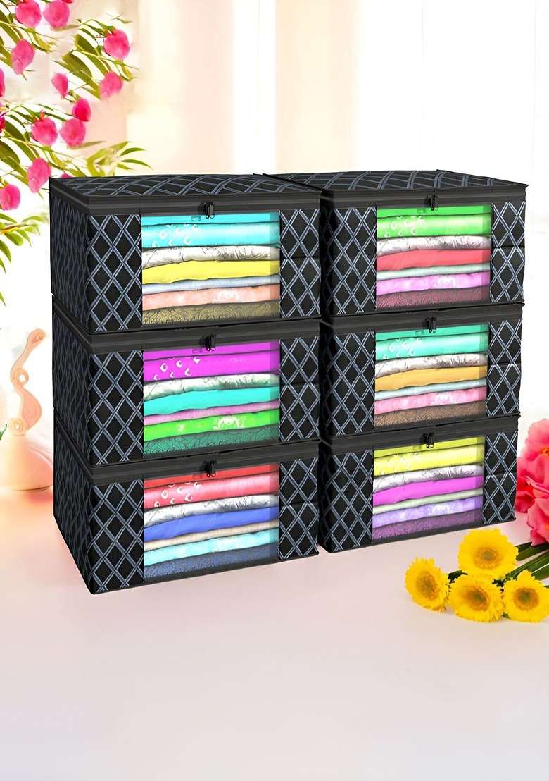Black Set Of 6 Non Woven Saree Cover 9 Inch Clothes Bag - Indya