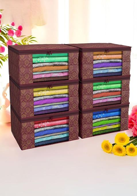 Maroon And Gold Toned 6 Pieces Non Woven Saree Cover 9 Inch Clothes Bag