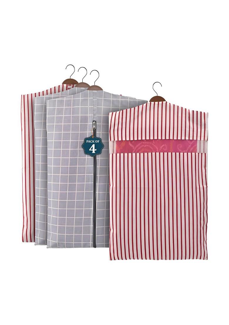 Grey And Maroon 4 Pieces Striped Mesh Cotton Hanging Saree Cover Cotton Organisers