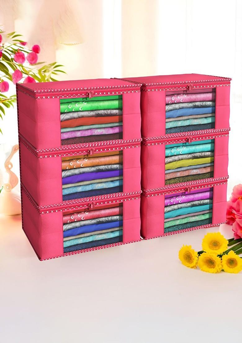 Pink Set Of 6 Non Woven Saree Cover 9 Inch Clothes Bag