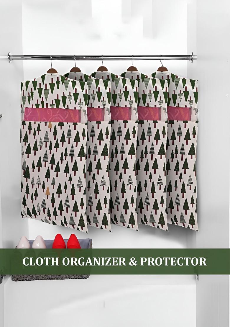 White And Green 5 Pieces Printed Mesh Cotton Hanging Saree Cover Cotton Organisers