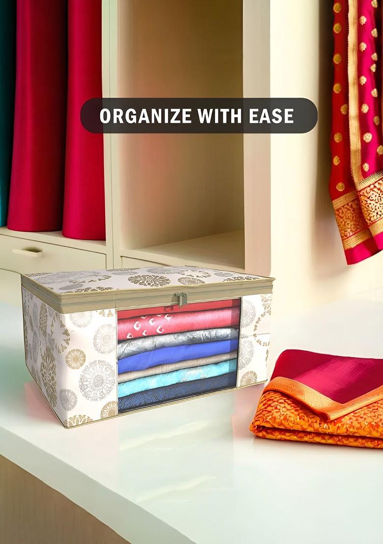 White And Gold Toned 9 Pieces Non Woven Saree Cover 9 Inch Clothes Bag