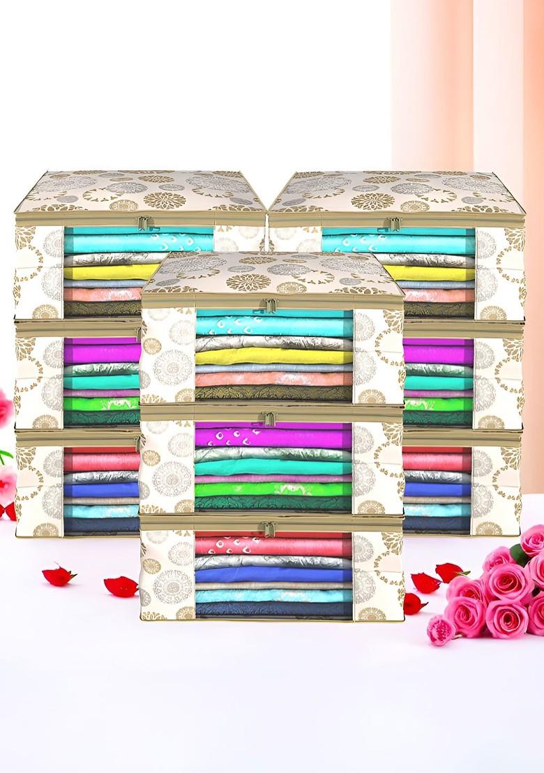 White And Gold Toned 9 Pieces Non Woven Saree Cover 9 Inch Clothes Bag