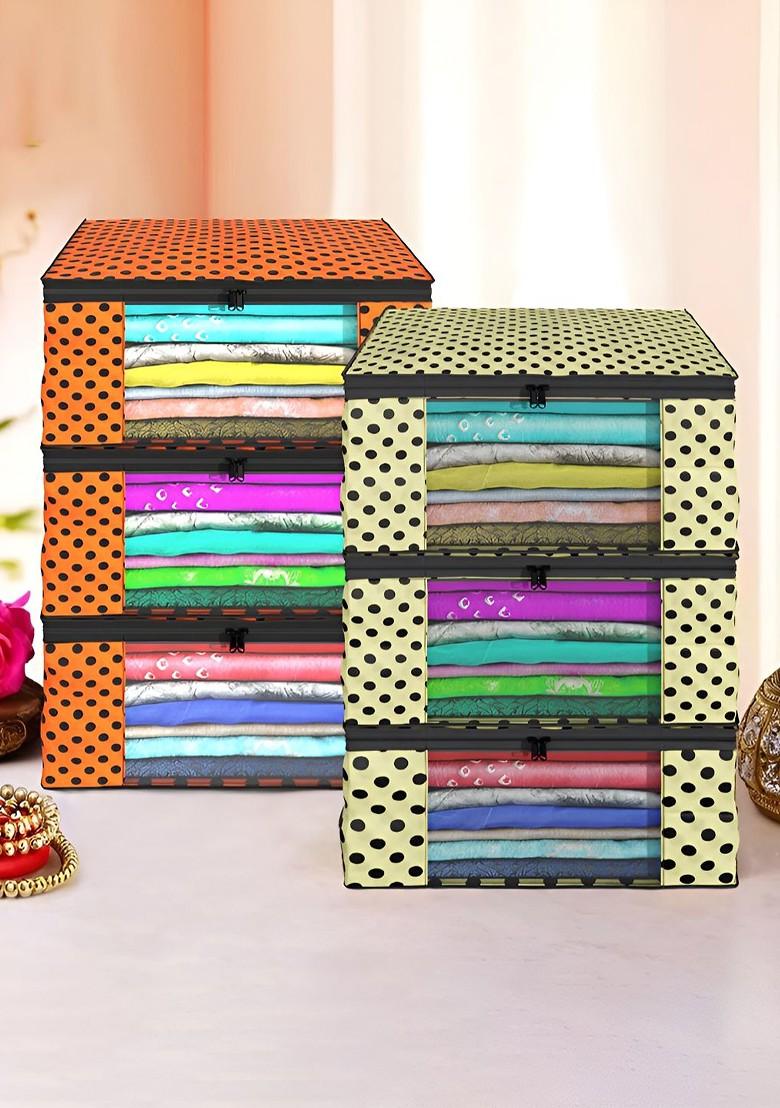 Cream Coloured And Orange Colored 6 Pieces Printed Saree Cover Foldable Organisers