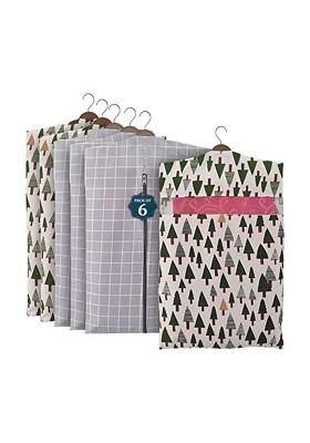 Grey And Green 6 Pieces Printed Cotton Hanging Saree Storage Cover Organisers