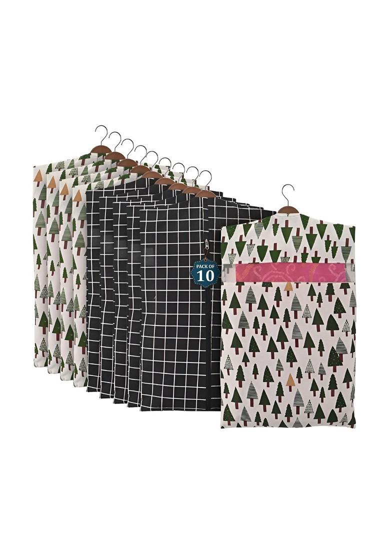 Black And Green 10 Pieces Cotton Hanging Saree Storage Cover Organisers