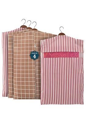 Brown And Maroon 4 Pieces Checked Mesh Cotton Hanging Saree Cover Cotton Organisers