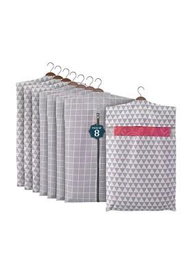Grey And White 8 Pieces Printed Cotton Hanging Saree Storage Cover Organisers