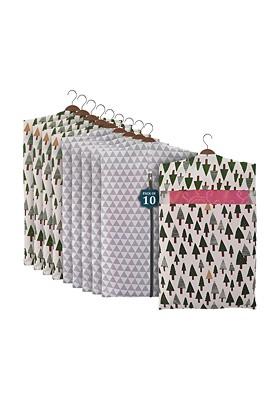 Grey Set Of 10 Checked Cotton Hanging Saree Storage Covers