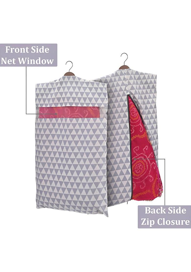 Grey Set Of 10 Checked Cotton Hanging Saree Storage Covers