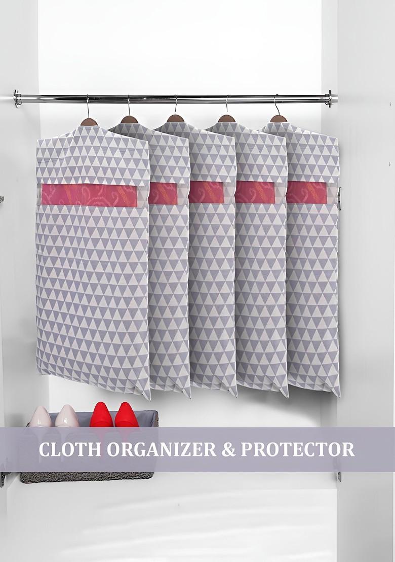 Grey Set Of 10 Checked Cotton Hanging Saree Storage Covers