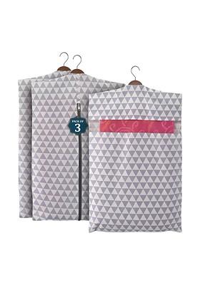 Grey And White 3 Pieces Printed Cotton Hanging Saree Storage Cover Organisers