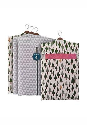 Grey And Green 4 Pieces Printed Cotton Hanging Saree Storage Cover Organisers