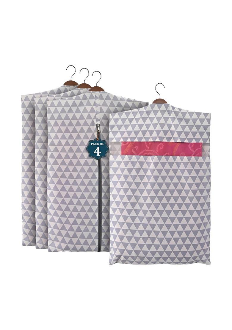 Grey And White 4 Pieces Printed Mesh Cotton Hanging Saree Cover Cotton Organisers