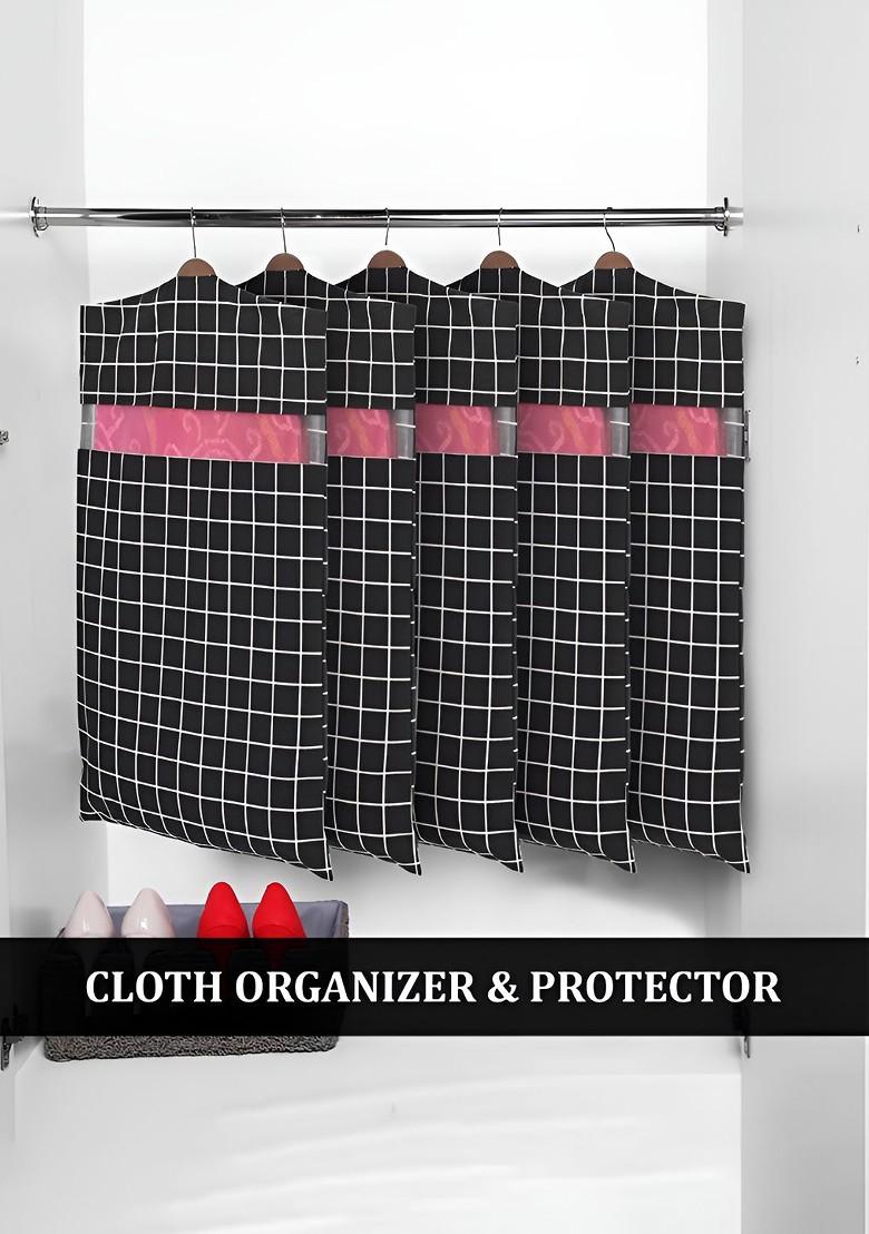 Black And Maroon 8 Pieces Striped Mesh Cotton Hanging Saree Cover Cotton Organisers