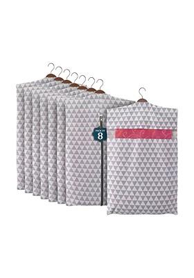 Grey And White 8 Pieces Printed Mesh Cotton Hanging Saree Cover Cotton Organisers