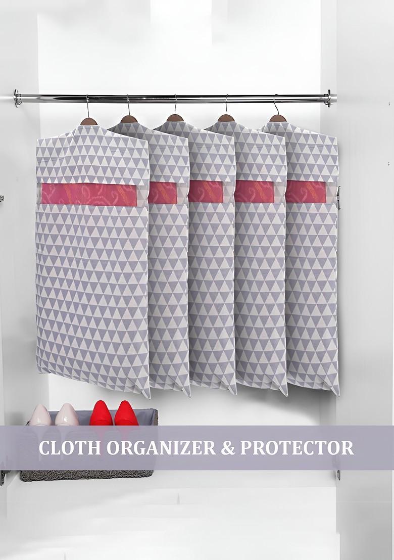 Grey And White 8 Pieces Printed Mesh Cotton Hanging Saree Cover Cotton Organisers