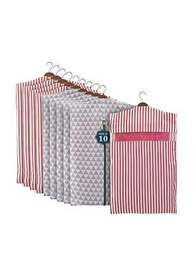 Grey And Maroon 10 Pieces Striped Mesh Cotton Hanging Saree Cover Cotton Organisers