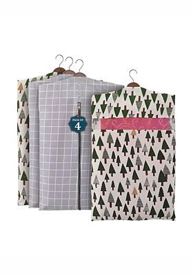 Grey Set Of 4 Checked Cotton Hanging Saree Storage Cover