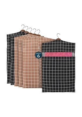 Brown And Black 6 Pieces Checked Cotton Hanging Saree Storage Cover Organisers